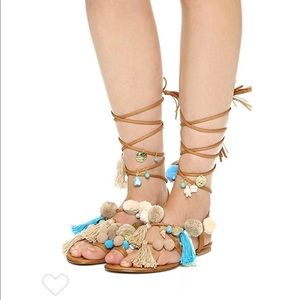 alameda-turquesa Santorini Pom Pom Lace Up Sandals